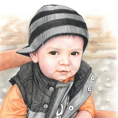 Hand Drawn Color Pencil Sketch of A Little Cute Boy with A Black Hat - myDaVinci